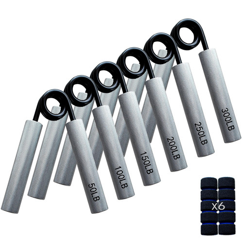 Grip Strength Trainer 6-Pack,50LB-300LB,Metal Non-Slip Grip,Heavy Duty Grip Strengthener,Wrist Forearm and Hand Exerciser (Silver-6pcs)