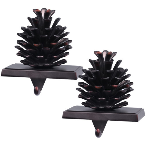 Hxezoc 2 Pack Pine Cone Christmas Stocking Holders, 3D Brown Metal Mantel Stocking Hangers for Christmas Fireplace Mantel Decorations Christmas Holiday Supplies