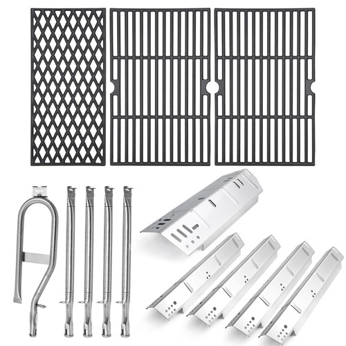 Criditpid Grill Replacement Parts for Dyna-Glo 5 Burner DGH474CRP DGH485CRP DGH483CRP, Stainless Steel Heat Plate Shields, Burner Tubes and Cast Iron Cooking Grates for Dyna-Glo DGH450CRP.