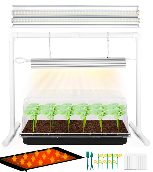 Hugbow Seed Starter Tray with Grow Light and Heat Mat, 8'' Humidity Dome, 1020 Plant Starter Trays Seed Starter Kit, Grow Light Stand for Seed Starting & Seedling Growing, Height Adjustable