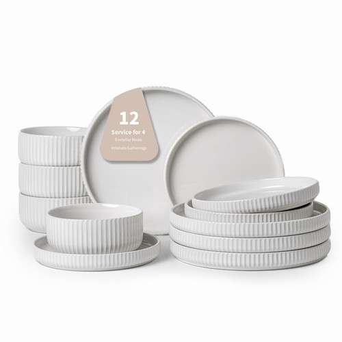 FOBENTA Dinnerware Sets for 4,Microwave Safe Plates and Bowls Sets,12 Piece Dylan Dish Set,Reactive Glaze Stoneware Dinnerware Set (Gloss Reactive Snow White, Service for 4 (12pcs))