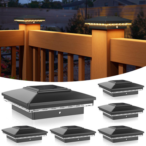 APONUO 4x4 Solar Post Cap Lights 6 Pack - IP65 Waterproof, 24 LED Warm White Solar Lights for 4x4 Wood/Vinyl Fence, Deck, Patio & Yard (Auto On/Off, 10H Runtime, Easy Install)