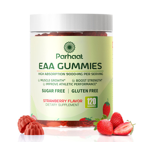 Parhaat EAA Gummies 120 Gummies (Strawberry), Essential Amino Acids - All 9 Essential Aminos (EAA) and All Branched-Chain Aminos (BCAAs), Non-GMO, Gluten Free, Vegetarian Friendly