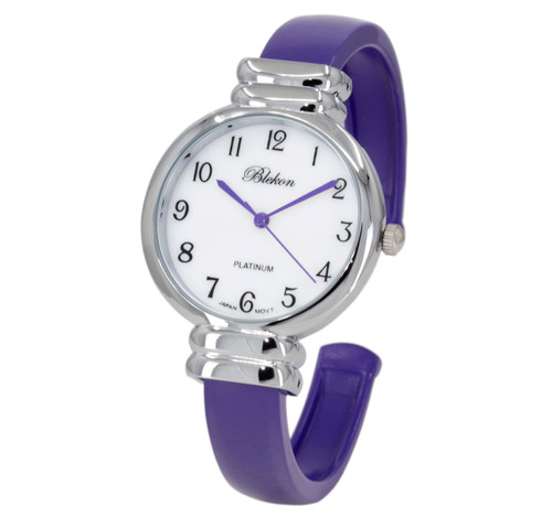 Blekon Original Mother of Pearl Cuff Bracelet Watch for Women with 31mm case Japanese Quartz Movement Metal hinged Bangle Style Cuff Wrist Watch for Ladies… (Silver/Purple)