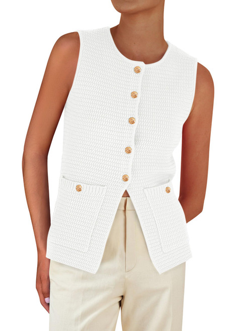 PRETTYGARDEN Women's 2025 Summer Sweater Vest Sleeveless Knit Cardigan Button Down Tank Tops Trendy Business Casual Outfits (White,Small)