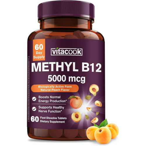 Vitacook Vitamin B12 Sublingual, Methylcobalamin 5000mcg for Energy Production, Energy, Nerve & Cell Support, Natural Peach Flavor, Vegan, Zero Sugar, 60 Fast Dissolve Tablets