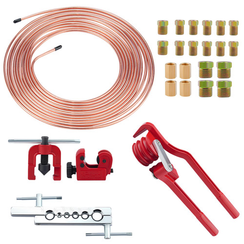 3/16 Brake Line Flaring Tools kit Include 25 ft Copper Coated Brake Lines with 16 Brake Line Fittings and 4 Unions Brake line Bender Single Flare Tool