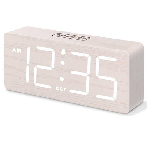 DreamSky Wooden Digital Alarm Clock for Bedroom - Desk Clock for Living Room with Large Numbers, Dimmer, Loud Alarm for Heavy Sleepers with Volume Control, DST, Office Wood Decor (Plug in Clock)