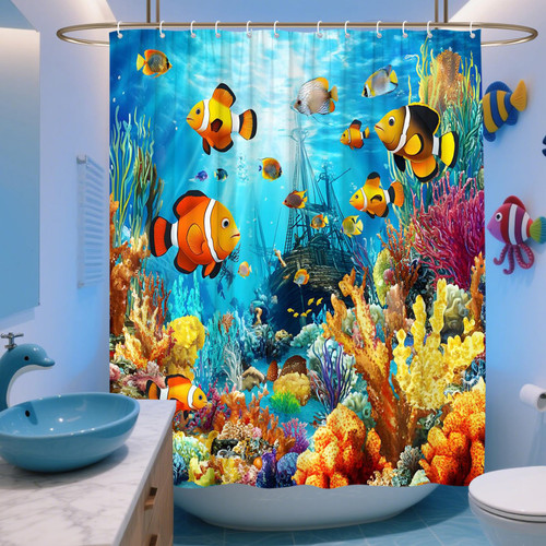 Ocean Underwater World Shower Curtain Colorful Fish Shower Curtain Sea Tropical Fishes Turtle Coral in The Deep Sea Blue Ocean Polyester Fabric Bathroom Decorative Curtain 70 x 70 inches