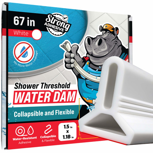 Shower Threshold Water Dam Barrier 67" - White Collapsible Shower Water Blocker - Shower Guard for Walk in Shower - Water Guard Stopper for Floor - Shower Dam - 1.5" Tall - By Hippo Dam