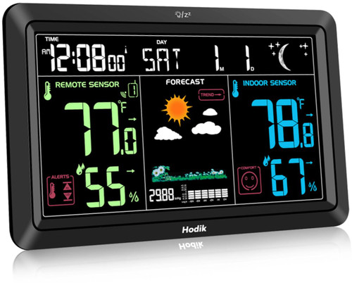 Weather Station Atomic Clock Indoor Outdoor Thermometer Wireless, Barometer Humidity Temperature Monitor Hygrometer with High Precision Sensor Black