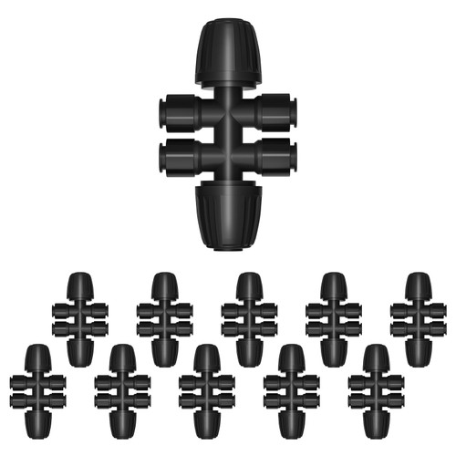 MIXC 1/2" to 1/4" Barbed Tee Connectors, 6-Way Drip Irrigation Splitter Fits 0.67" OD Tubing, Tool-Free Push Lock Design for Gardens & Greenhouses 10 Pack