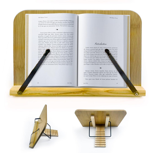 Book Stand for Reading,Wooden Book Holders for Reading Hands Free,Adjustable Laptop and Cookbook Stand with Elastic Page Clips,11x7.8 Inch Size
