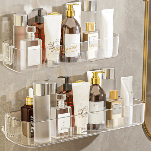 Halyuhn Acrylic Bathroom Shelves 2Pack, 14" Clear Adhesive Shower Shelves for Bathroom Wall Decor and Storage, No Drilling Plastic Wall Shelf Organizer for Home, Kitchen, and Dorm, Large Capacity