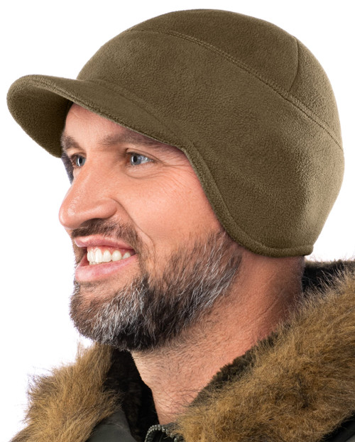 2SBR 2SABERS Fleece Winter Beanie with Visor - Men Women - Earflap Brim Skull Watch Cap Hat Olive Green