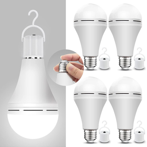 Neporal 4 Pack Emergency-Rechargeable-Light-Bulb, Stay Lights Up When Power Failure, 1200mAh 15W 80W Equivalent LED Light Bulbs for Home, Camping, Tent (E27, with Hook) (Daylight)