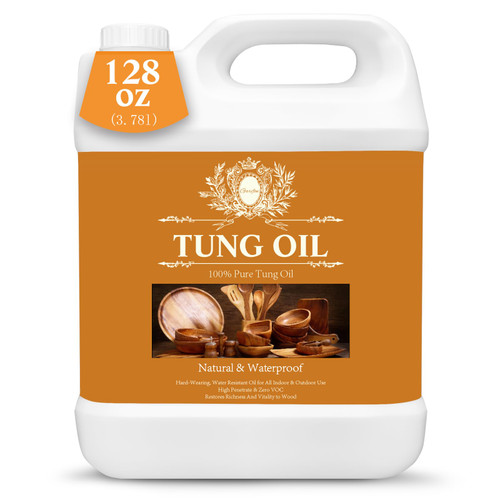 128 OZ Pure Tung Oil for Wood Outdoor/Indoor, Food Grade Sealer, 1 Gallon Tung Oil Finish, Waterproof Wood Oil for Furniture, Cutting Board, Teak, Floor — Food Safe, Indoor Use
