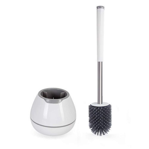 BOOMJOY Toilet Brush and Holder Set, Silicone Toilet Bowl Cleaner Brush, Bathroom Cleaning Bowl Kit with Tweezers, Bathroom Accessories with Aluminum Handle - White
