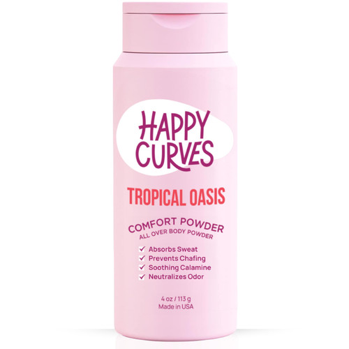 HAPPY CURVES Comfort Powder: Talc Free Anti Chafe Body & Foot Dusting Powder Deodorant to Control Inner Thigh Chafing, Private Areas, and All Over Body for Women 4 oz. (1 Pack, Tropical Oasis)