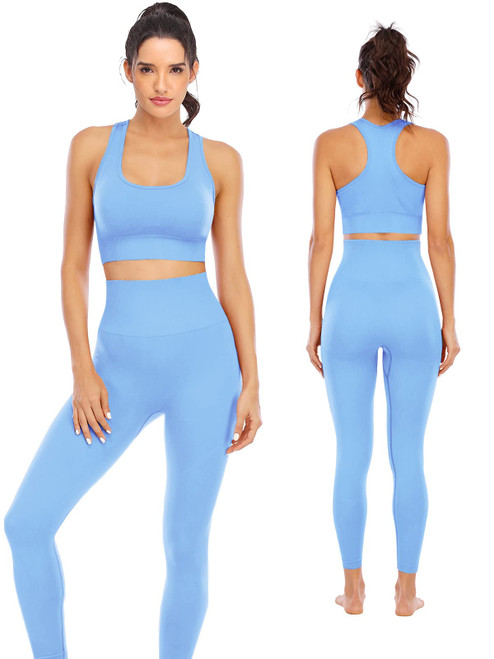 Workout Sets for Women 2 Piece High Waisted Seamless Leggings with Padded Stretchy Sports Bra Sets Yoga Outfit Jogging Gym Clothes (N007L-Blue)