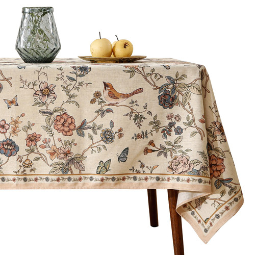 ISAENNE Designer French Light Beige Long Tablecloth Rectangle,Linen Florals and Birds Pattern Table Cloth,Anti-Wrinkle Decorative Tablecloths for Dining Thanksgiving Kitchen,63"*94"-Cornucopia
