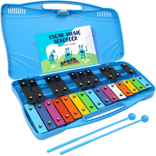 MINIARTIS Glockenspiel Xylophone | 25 Note Colorful Metal Keys Xylophone for Kids | Percussion Musical Instrument | Educational Music Toy Includes Music Songbook, Mallets and Blue Carry Case