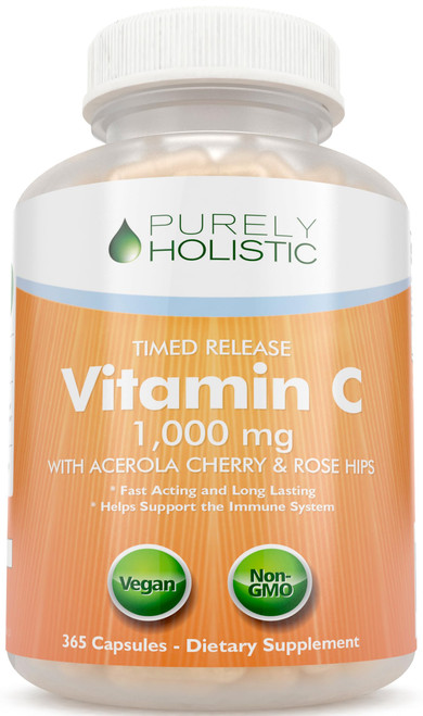 Purely Holistic Vitamin C 1000mg, 365 Capsules, 12 Month Supply, 2 Stage Timed Release with Ascorbic Acid, Rosehip & Acerola Cherry Bioflavonoid, Immune System Support, Vegan