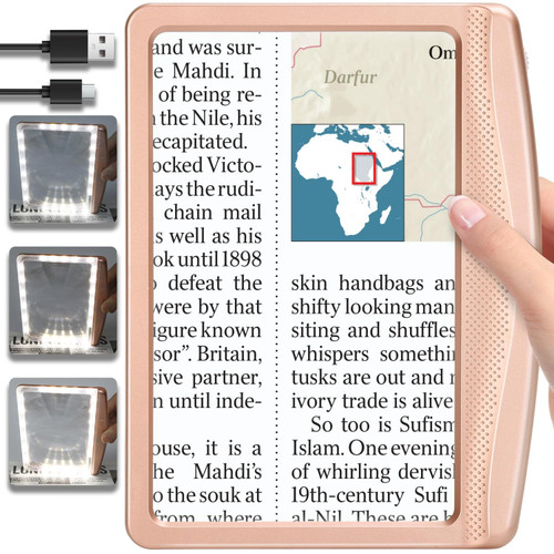 5X Rechargeable Magnifying Glass with Light, Large Bright LED Lighted Full Page Magnifier, Lightweight Rectangular Handheld Magnifier with Light for Reading Small Prints for Seniors, Rose Gold