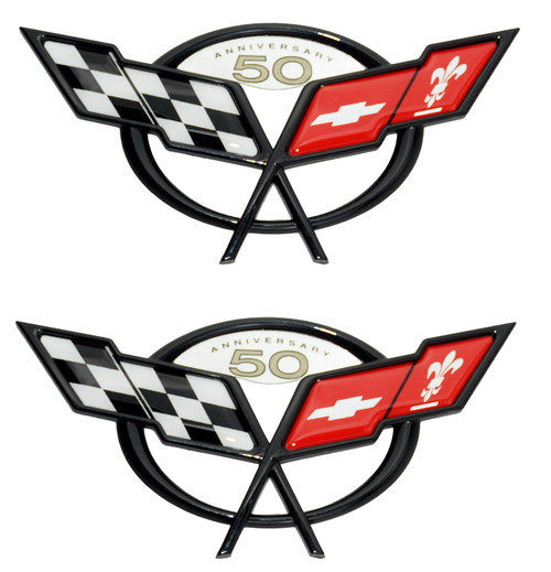 Pair Set Front Rear 50Th Anniversary Cross Flags Emblems 3D Badge Replacement for 1997-2004 C5 Corvette (Black Red)