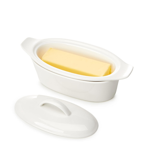 Butter Dish with Lid for Countertop - Porcelain White, 3pcs Large Butter Dish with Lid, Butter Keeper Container with Waterline Pefect for Daily Storage, Butter Holder with Handle - for Kitchen Decor
