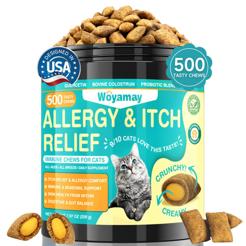 Woyamay Cat Allergy Relief for Cats, 500 Crunchy & Creamy Anti-Itch and Immunity Chews for Itchy Skin, Paws, Eyes, Ears| Stop Licking & Scratching, Supports Seasonal Itching, Chicken Flavor