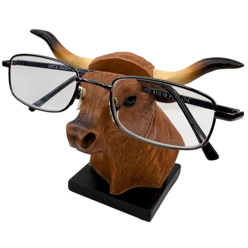 Top Brass Longhorn Bull Eyeglasses Holder – Western Cowboy Glasses Stand for Reading & Sunglasses – Rustic Farm Decor Figure