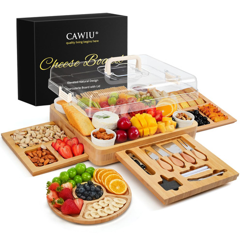 CAWIU Charcuterie Board with Lid – Large Bamboo Cheese Board Set with Utensils & Drawers – Housewarming, Wedding Gifts for Couples, Serving Tray with Cover (Cream)