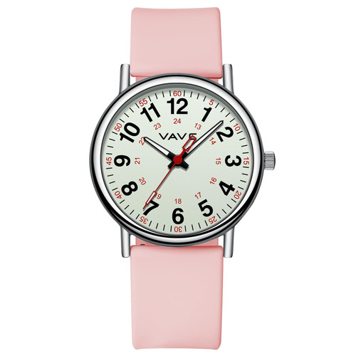 VAVC Waterproof Analog Nurse Watch for Nurses,Students,Medical Professionals,Women Men,with Luminouse Easy Read Dial,Military Time,Second Hand and 24 Hour,Comfortable Pink Silicone Band.