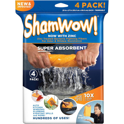 ShamWow Original Super Absorbent Multi-Purpose Cleaning Shammy Chamois Towel Cloth - Holds 10X its Weight in Liquid - Machine Washable - Will Not Scratch (4 Pack, Orange)