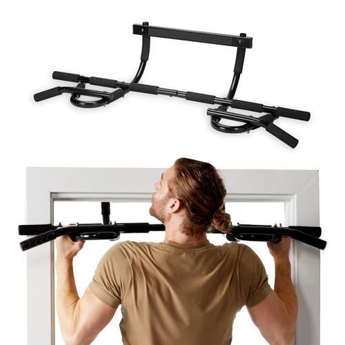 SPRI Pull Up Bar - 12-Grip Door Mounting Pull-Up Bar for Versatile Workouts - Rugged Steel with Foam Handles - Supports 300 Pounds - Fits Door Frames Up to 32 in. Wide - Black