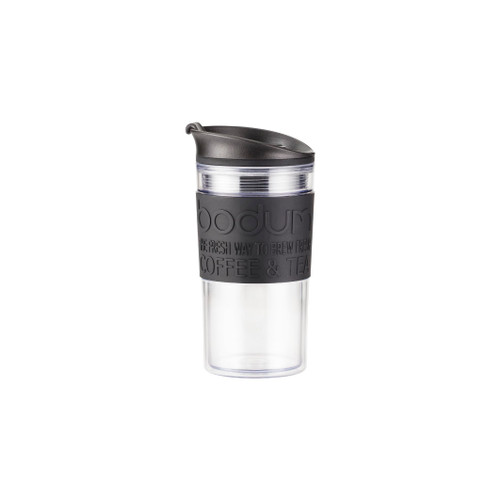 Bodum 12oz Double Wall Insulated Travel Mug with Lid, Clear Plastic w/Black Silicone Sleeve