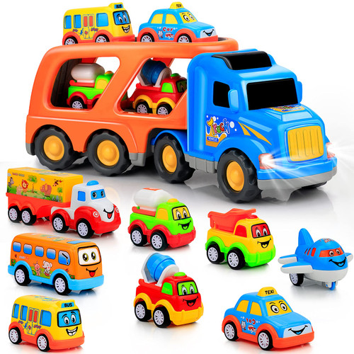 9 Pcs Cars Toys for 2 3 4 5 Years Old Toddlers, Big Carrier Truck with 8 Small Cartoon Pull Back Cars, Colorful Assorted Vehicles, Transport Truck with Sound and Light, Best Gift for Boy and Girl