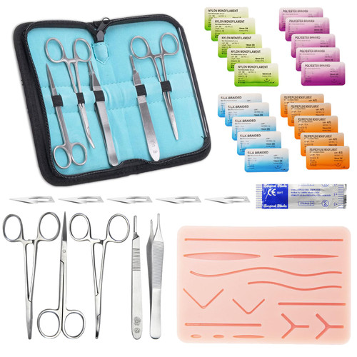 CKlovzin Suture Practice Complete Kit (32 Pieces) for Medical Student Suture Training, Include Durable Suturing Pad with Pre-Cut Wounds, Tools Kit, and Suture Threads - eaching Purposes Only