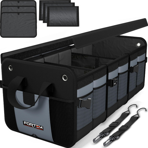 FORTEM Trunk Organizer For SUV Car Organizer and Storage, Multi-Compartment Storage Bag Car Accessories for Women Men, Perfect Christmas Gifts, 1680D Oxford, Non Slip Bottom, Straps, Soft Cover (90L)