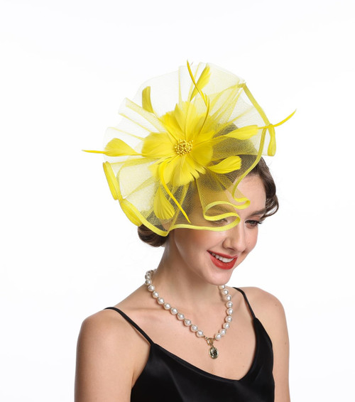 SAFERIN Fascinator Feather Mesh Net Veil Cocktail Tea Party Hat Flower Derby Hat with Clip and Hairband for Women (TA1-Yellow) SAFERIN Fascinator Feather Mesh Net Veil Cocktail Tea Party Hat Flower Derby Hat with Clip and Hairband for Women (TA1-Yellow)