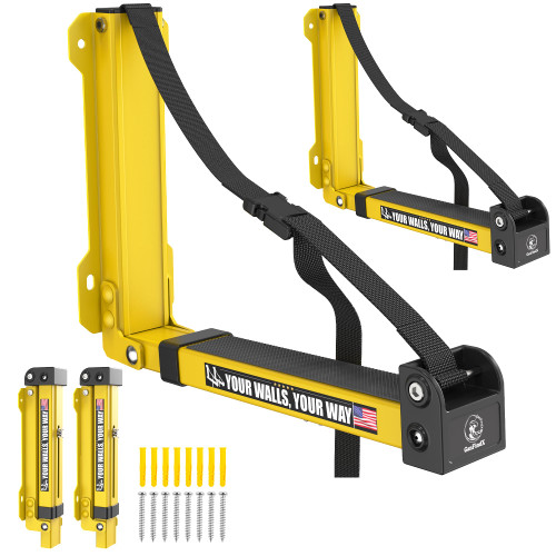 GanFindX Foldable Kayak Wall Rack | Heavy-Duty 11.6-17" Kayak Storage Rack Hanger & Metal Buckle Straps, Indoor/Outdoor Cradles for Canoe, Kayak, Paddle Board, Surfboard, Snowboard (Dark Yellow)