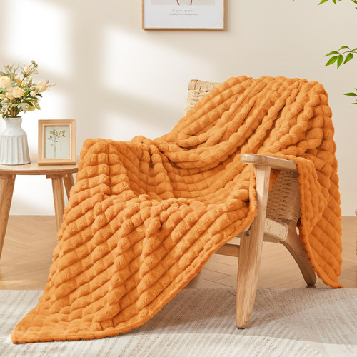 BEDELITE Updated Burnt Orange Throw Blanket for Couch and Bed- Super Soft and Warm 3D Checkered Fluffy Fuzzy Fleece Blanket, Luxurious Plush Cozy Blanket for Room Decor Spring, 50x60 inches