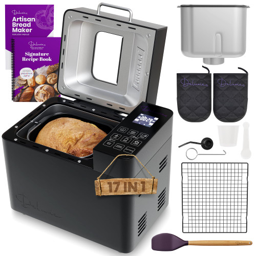 Deluxie 2LB Sourdough Bread Maker Machine for Home Bakery - 17 Program Gluten Free Bread Machine Maker with 15H Timer, 3 Loaf/Crust Sizes, Nut Dispenser - Aluminum Breadmaker Machines w/Recipe Book