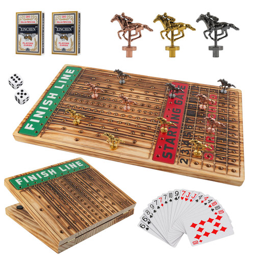 Wahartoly Large Luxury Thickened Wood Foldable Horse Race Board Game Finish LINE Game with 11 Metal Model Horses 2 Sets of Dice and 2 Boxes of Cards Horse Racing Board Game(Slight Burn Color)