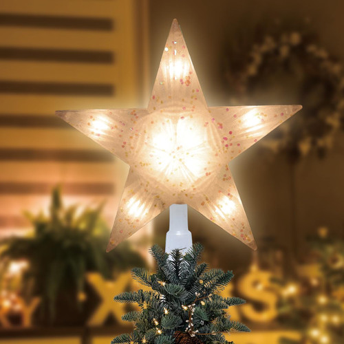 LAMPHOME 12" 10L Star Tree Topper, Lighted Glitter Christmas Treetop, Christmas Decorations for Xmas Tree Home Bar Shop Christmas Decor, Lighted Frosted White Star Tree Topper, Warm White