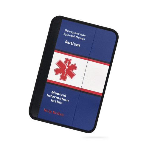 Autism Help Belt 9” Medical Alert Seat Belt Cover with Inside Pocket, Medical Form and Online Fillable Forms (Blue/White)