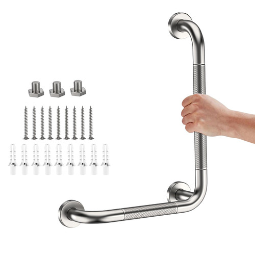 L-Shaped Angled Grab Bar 12x16 Inch Brushed Nickel Anti-slip Knurled Shower Handle Wall Mount, Stainless Steel Shower Bar for Seniors Injured Balance Support, Handicap Grab Bars for Bathtubs & Showers