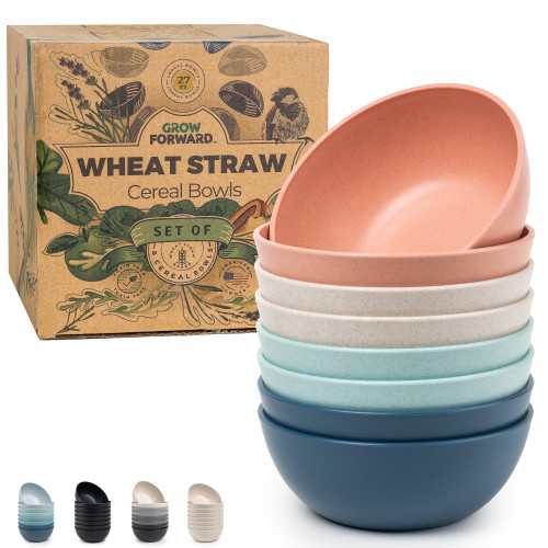 Grow Forward Premium Wheat Straw Bowls - 27oz Microwave Safe Plastic Cereal Bowls Set of 8 for Kitchen, Camping, RV, Dessert, Snack, Soup, Salad, Fruit - Reusable, Unbreakable & BPA Free - Tropical