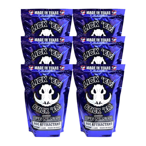 Lick Em Stick Em Pig Nasty 4lb Hog Attractant for Wild Boar & Hog Hunting | Sweet Scent, Granular Formula for Feeders & Bait Sites | Supports Digestion & Wildlife Health | 6 Pack